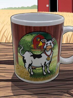 vintage houston harvest stoneware cow and chicken 12oz. coffee mug.